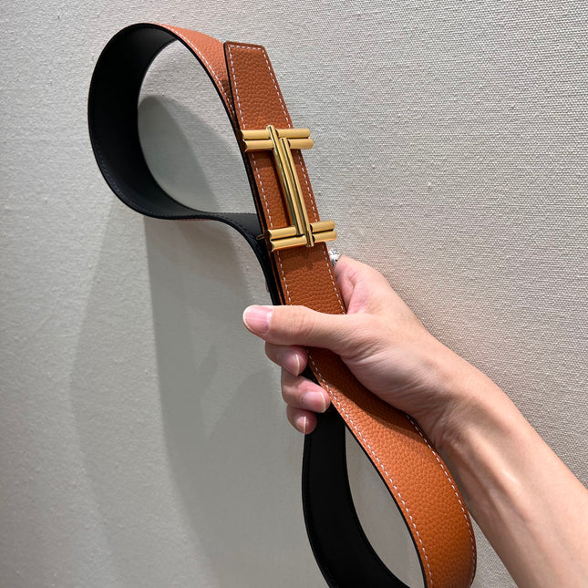 HM TRAVERSE BELT BUCKLE & REVERSIBLE BRONZE BROWN LEATHER STRAP 38 MM GOLD HARDWARE
