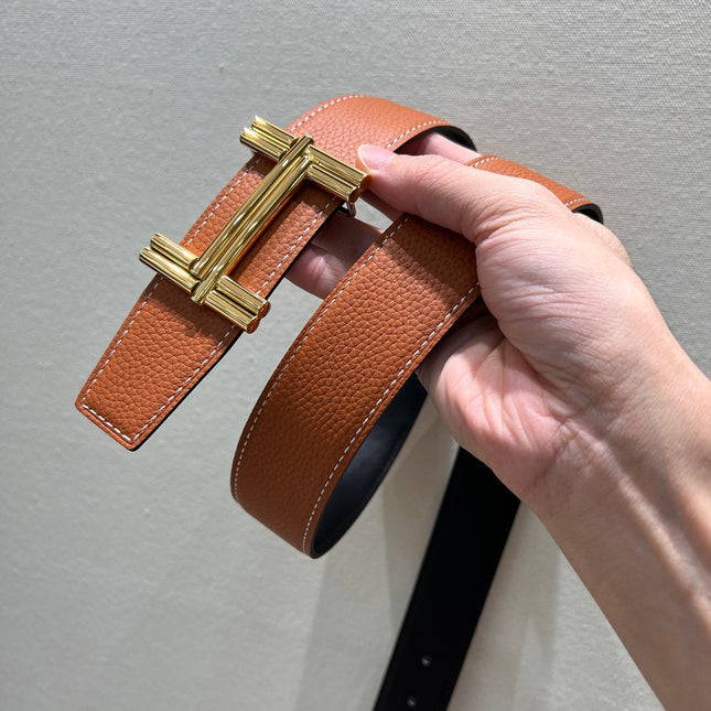 HM TRAVERSE BELT BUCKLE & REVERSIBLE BRONZE BROWN LEATHER STRAP 38 MM GOLD HARDWARE