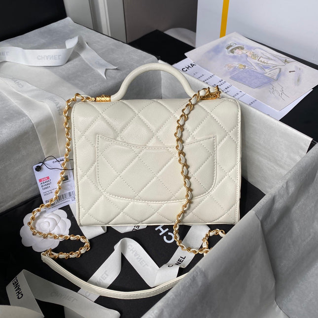 CHANEL 25S FLAP BAG 21 CM IN CREAM WHITE GRAINED LAMBSKIN WITH TOP HANDLE