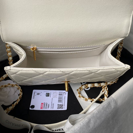 CHANEL 25S FLAP BAG 21 CM IN CREAM WHITE GRAINED LAMBSKIN WITH TOP HANDLE
