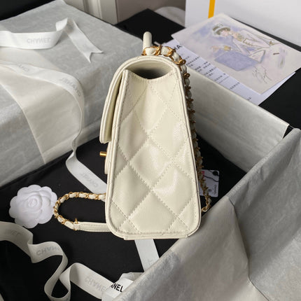 CHANEL 25S FLAP BAG 21 CM IN CREAM WHITE GRAINED LAMBSKIN WITH TOP HANDLE