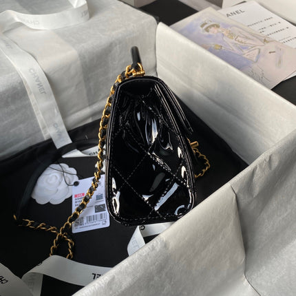 CHANEL 25S FLAP BAG 18 CM IN BLACK PATENT LAMBSKIN WITH TOP HANDLE