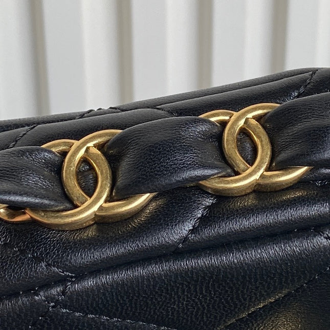MINI FLAP BAG 16 IN BLACK CALFSKIN GOLD DOUBLE C THICK CHAIN