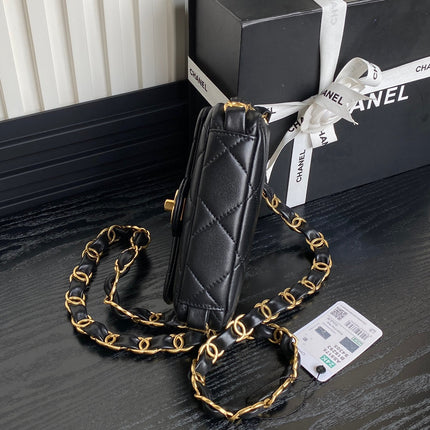 MINI FLAP BAG 16 IN BLACK CALFSKIN GOLD DOUBLE C THICK CHAIN
