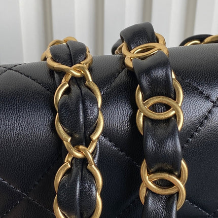 MINI FLAP BAG 16 IN BLACK CALFSKIN GOLD DOUBLE C THICK CHAIN