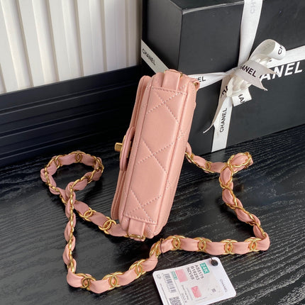 MINI FLAP BAG 16 IN MELON PINK CALFSKIN GOLD DOUBLE C THICK CHAIN