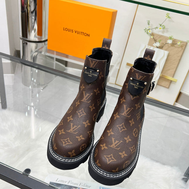 LV WOMEN'S SHORT BOOTS IN CHOCOLATE BROWN MONOGRAM CALFSKIN