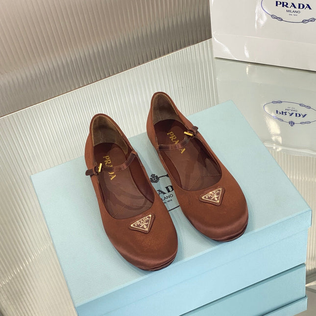 PRA NAPPA MARY JANE FLAT BROWN SATIN
