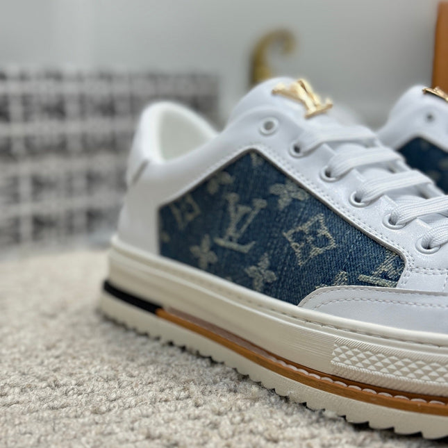 LV TRAINERS IN WHITE CALFSKIN AND BLUE DENIM JACQUARD
