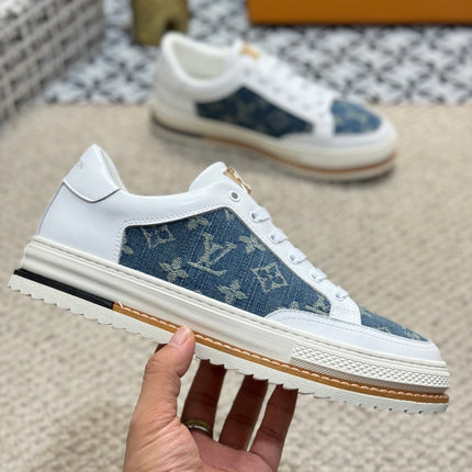 LV TRAINERS IN WHITE CALFSKIN AND BLUE DENIM JACQUARD