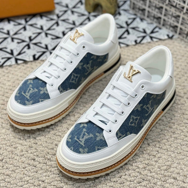 LV TRAINERS IN WHITE CALFSKIN AND BLUE DENIM JACQUARD