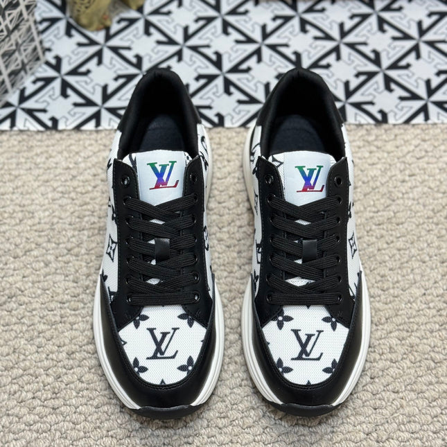 LV TRAINERS IN BLACK CALFSKIN AND WHITE JACQUARD