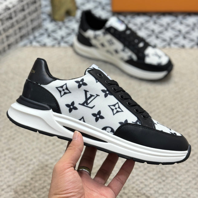 LV TRAINERS IN BLACK CALFSKIN AND WHITE JACQUARD