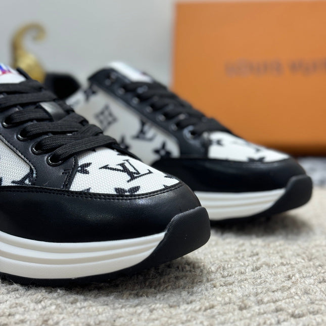 LV TRAINERS IN BLACK CALFSKIN AND WHITE JACQUARD