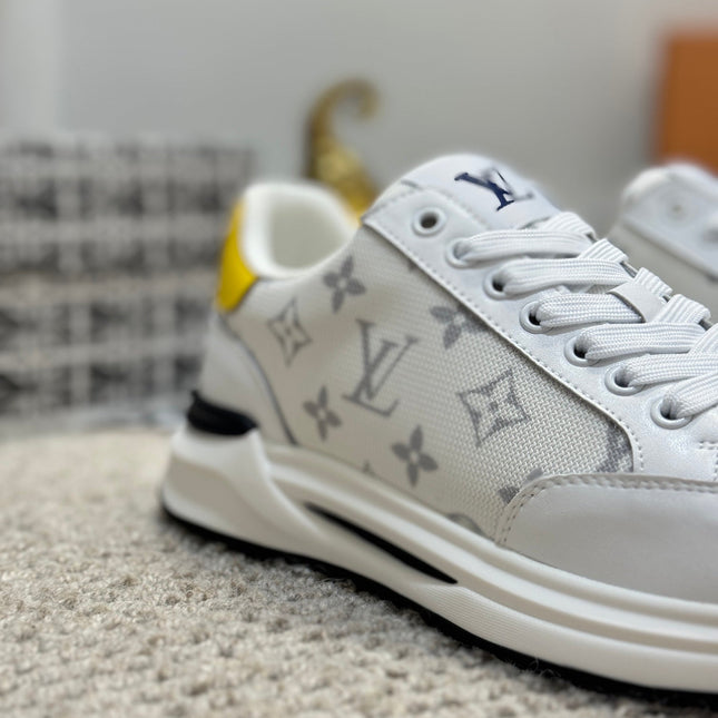 LV TRAINERS IN WHITE CALFSKIN AND JACQUARD