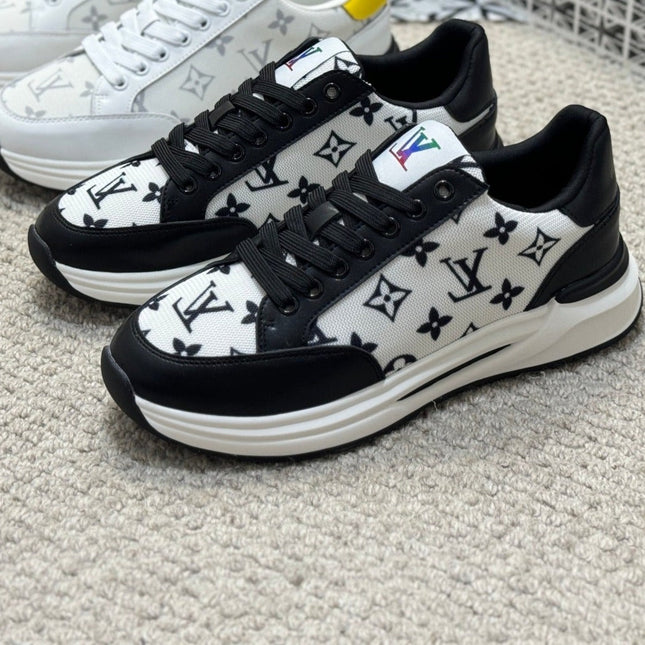 LV TRAINERS IN BLACK CALFSKIN AND WHITE JACQUARD