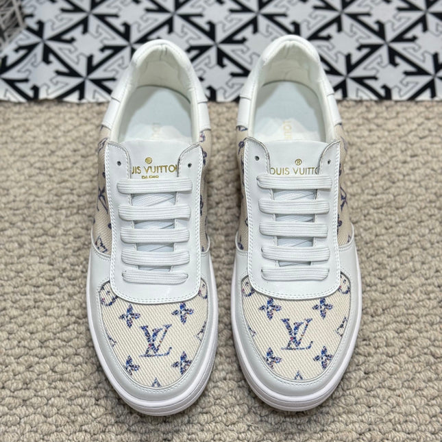 LV TRAINER SNEAKER WHITE CALFSKIN AND CAMEL BEIGE MONOGRAM CANVAS