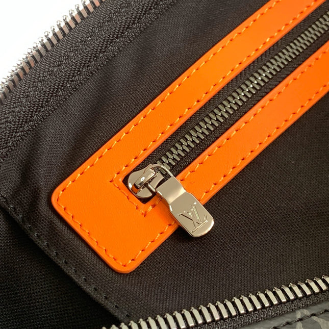 LV 25S KEEPALL 45 WITH SHOULDER STRAP IN BLACK ORANGE COATED MONOGRAM ECLIPSE CANVAS AND CALFSKIN
