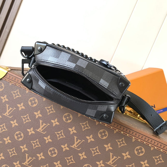 LV 25S MINI SOFT TRUNK BOX BAG 18 IN DAMOFLAGE BLACK CANVAS AND CALFSKIN