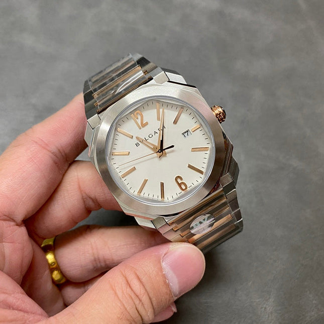 OCTO 41 AUTOMATIC ROSE GOLD AND STEEL WHITE DIAL