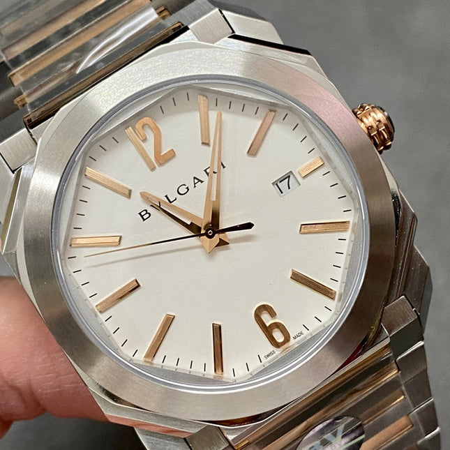 OCTO 41 AUTOMATIC ROSE GOLD AND STEEL WHITE DIAL