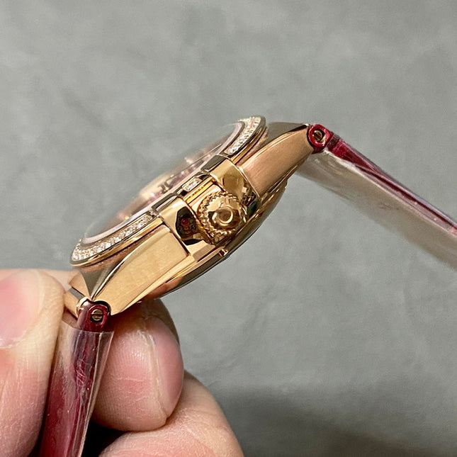 CONSTELLATION 34 MM WATCH ROSE GOLD CASE WITH WINE RED LEATHER STRAP
