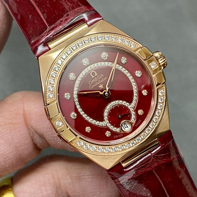 CONSTELLATION 34 MM WATCH ROSE GOLD CASE WITH WINE RED LEATHER STRAP