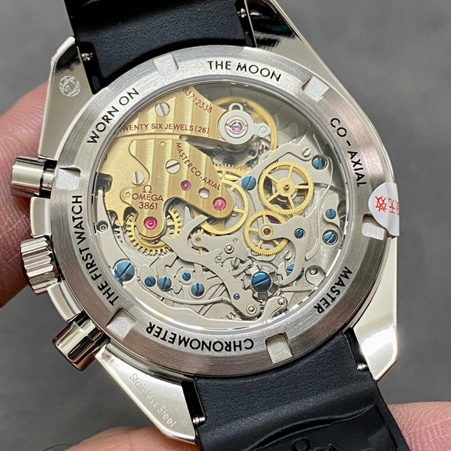 SPEEDMASTER MOONPHASE SILVER CASE AND BLACK LEATHER STRAP