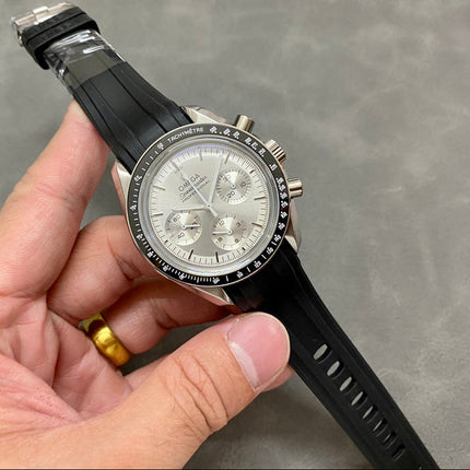 SPEEDMASTER MOONPHASE SILVER CASE AND BLACK LEATHER STRAP