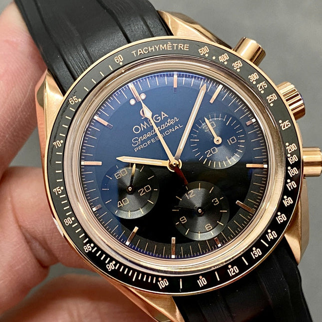 SPEEDMASTER MOONPHASE ROSE GOLD CASE AND BLACK LEATHER STRAP