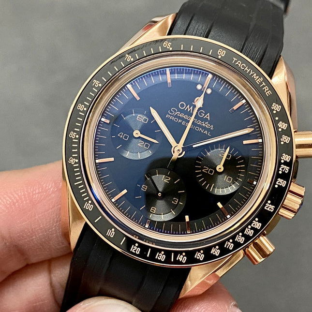 SPEEDMASTER MOONPHASE ROSE GOLD CASE AND BLACK LEATHER STRAP