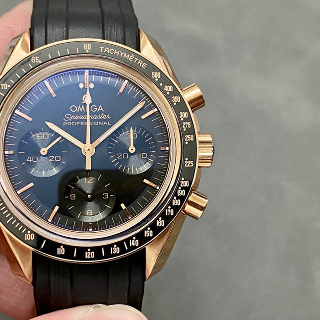 SPEEDMASTER MOONPHASE ROSE GOLD CASE AND BLACK LEATHER STRAP