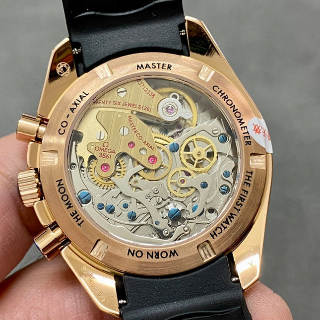 SPEEDMASTER MOONPHASE ROSE GOLD CASE AND BLACK LEATHER STRAP