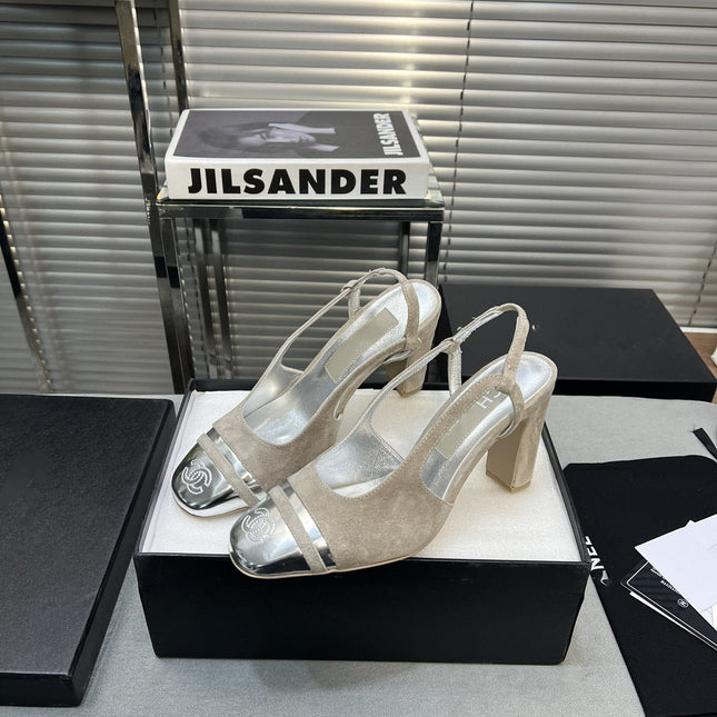 slingback grey suede silver metalic lambskin square toe 9.5