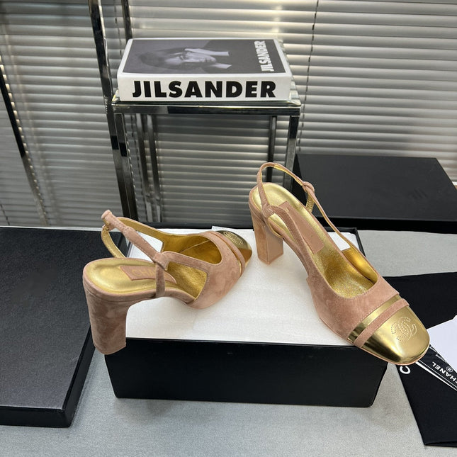 slingback rose suede gold metalic lambskin square toe 9.5