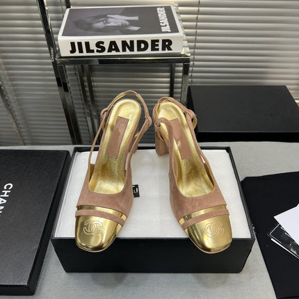 slingback rose suede gold metalic lambskin square toe 9.5