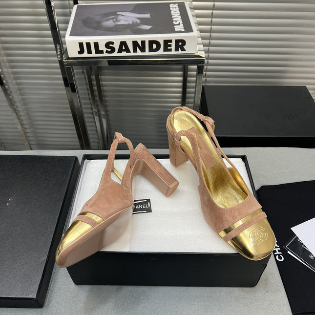 slingback rose suede gold metalic lambskin square toe 9.5