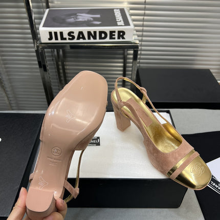 slingback rose suede gold metalic lambskin square toe 9.5
