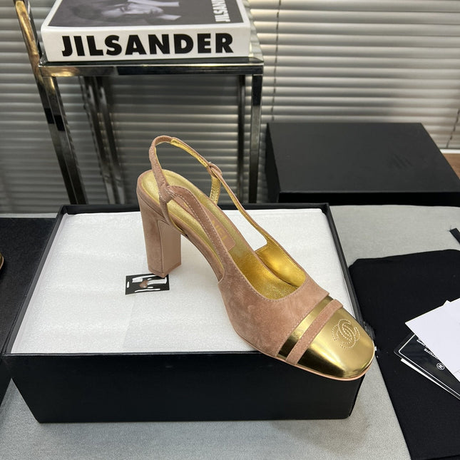 slingback rose suede gold metalic lambskin square toe 9.5