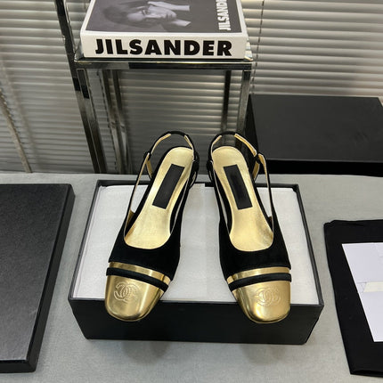 slingback black suede gold metalic lambskin square toe 5.0