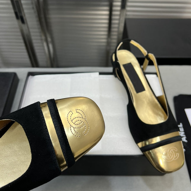 slingback black suede gold metalic lambskin square toe 5.0