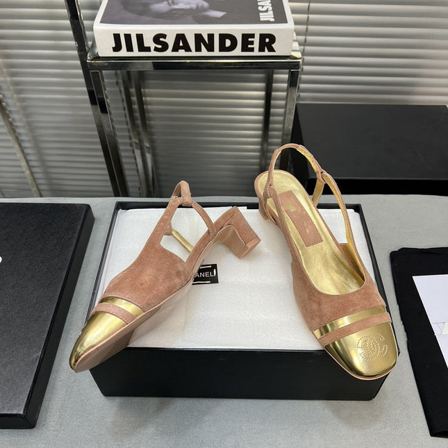 slingback rose suede gold metalic lambskin square toe 5.0