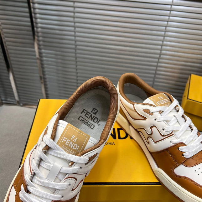 FENDI MATCH LOW TOPS IN RUSSET BROWN MIX WHITE CALFSKIN AND MESH