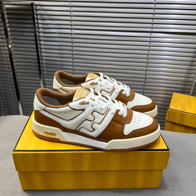 FENDI MATCH LOW TOPS IN RUSSET BROWN MIX WHITE CALFSKIN AND MESH