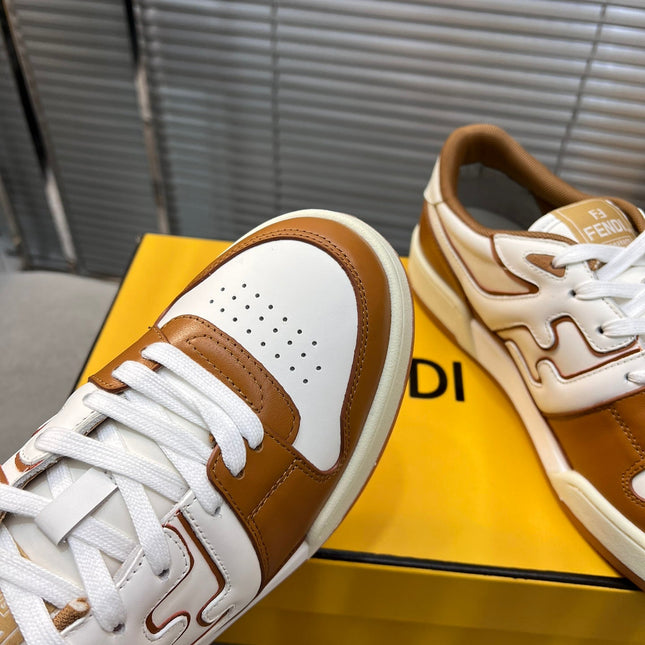 FENDI MATCH LOW TOPS IN RUSSET BROWN MIX WHITE CALFSKIN AND MESH