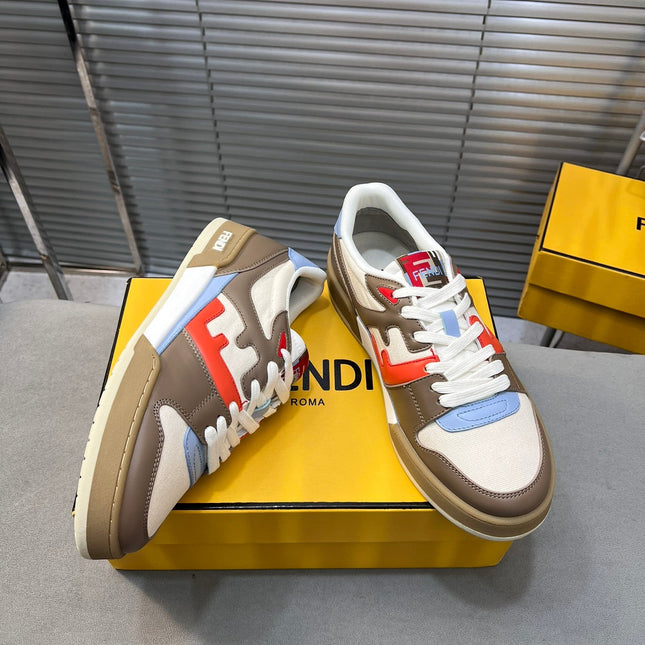 FENDI MATCH LOW TOPS IN COFFEE BROWN MIX WHITE CALFSKIN AND MESH