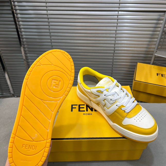 FENDI MATCH LOW TOPS IN BRIGHT YELLOW MIX WHITE CALFSKIN AND MESH