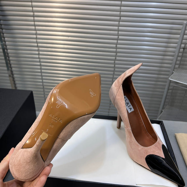 ALAIA HIGH PUMPS 10CM IN ALMOND BEIGE SUEDE MIX BLACK CALFSKIN