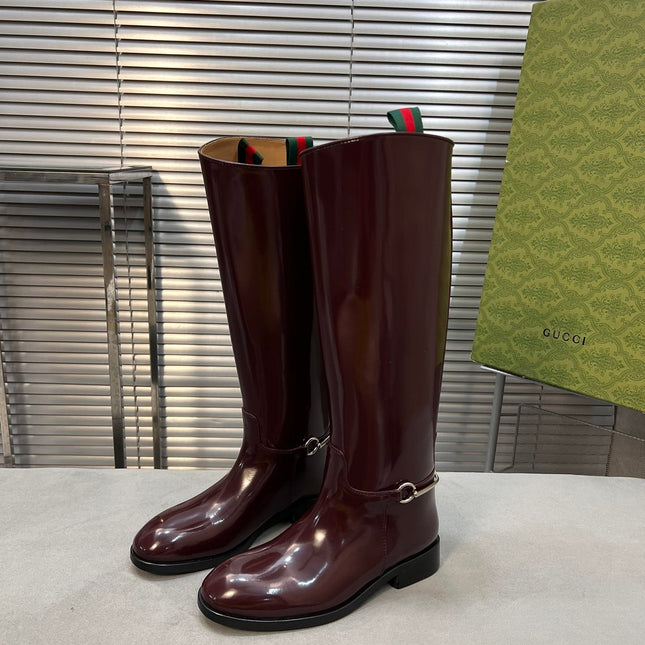 SLIM HORSEBIT KNEE BOOTS WITH WEB IN WINE RED GLOSSY CALFSKIN