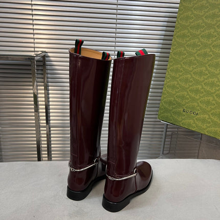 SLIM HORSEBIT KNEE BOOTS WITH WEB IN WINE RED GLOSSY CALFSKIN